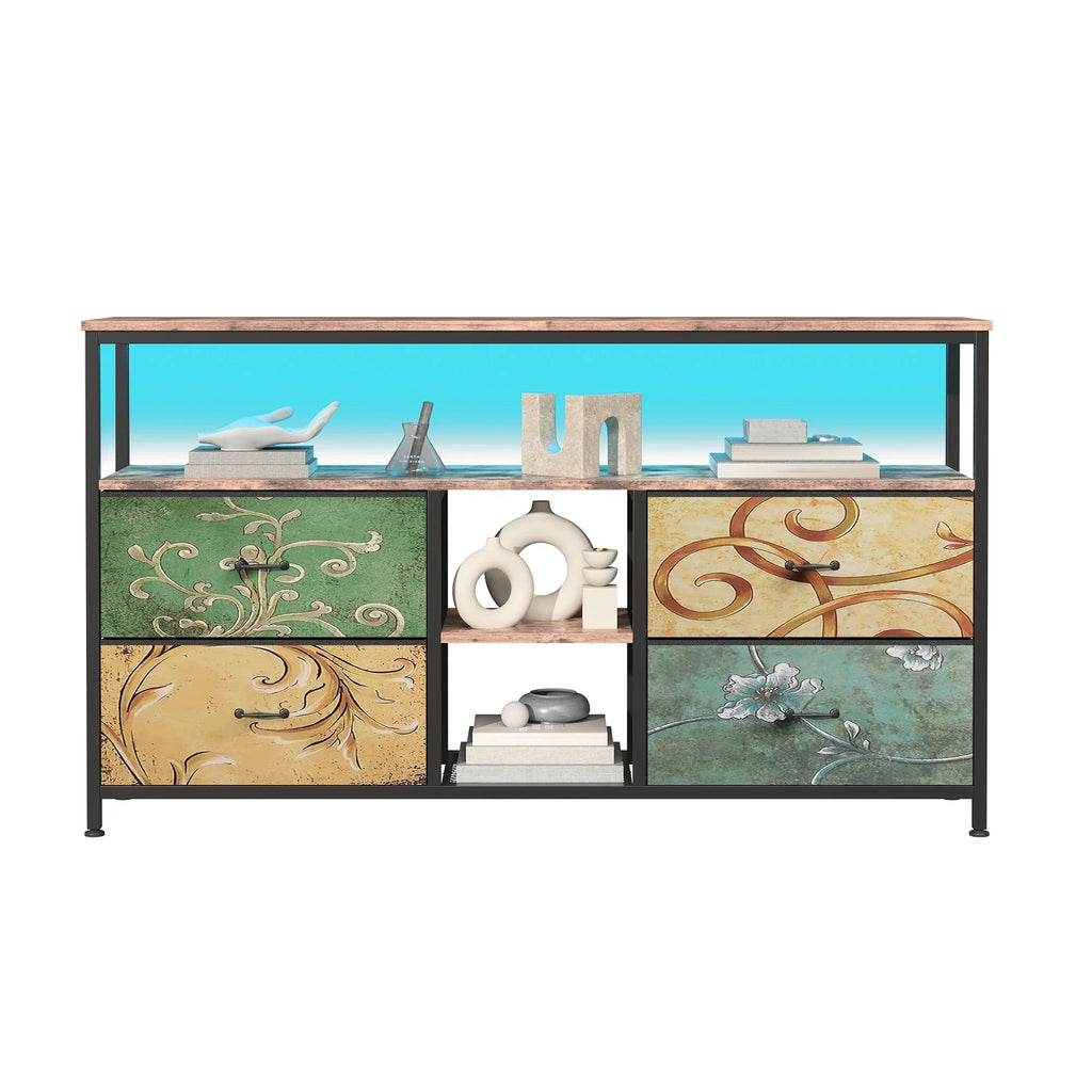 Mobiler TV-Ständer, TV-Tisch, TV-Möbel, mit LED-Beleuchtung und Stoffschubladen, Platte mit Tigerfellmuster, doppelter offener Stauraum und 4 Schubladen, zur Aufbewahrung von Elektrogeräten, DVDs, Büchern, für Wohnzimmer, Schlafzimmer