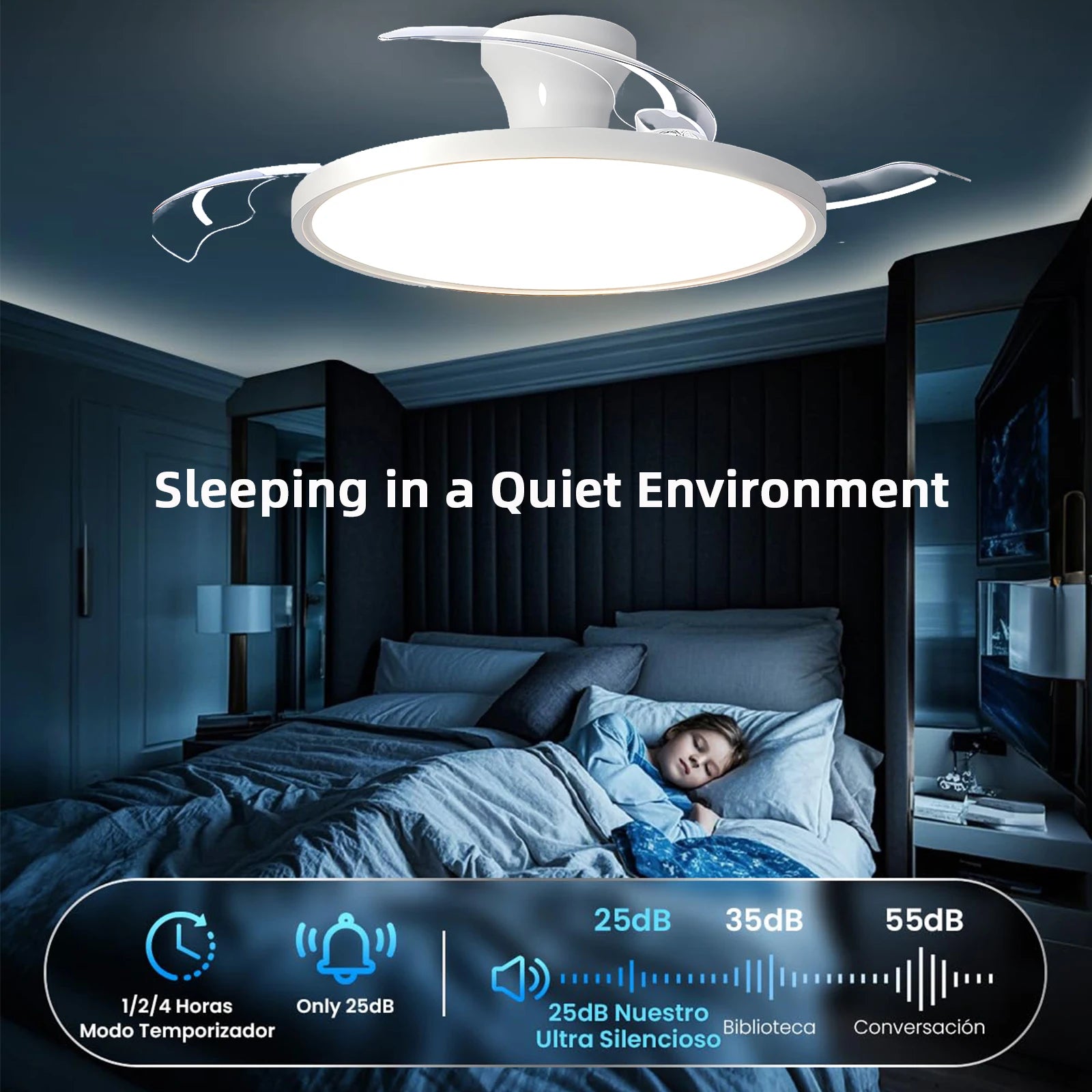IRALAN Plafoniere con ventilatore Pala del ventilatore retrattile intelligente Ventilatore elettrico domestico dimmerabile con telecomando Luce da soggiorno a LED
