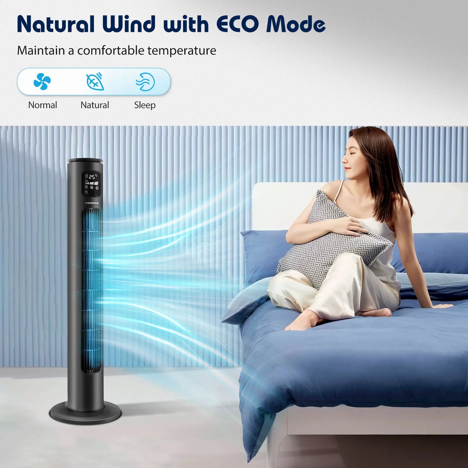 Aigostar Ross Smart - Intelligenter WiFi Turmventilator mit Fernbedienung, 50W, LED-Anzeige, 70° Oszillation, 3 Geschwindigkeiten, 3 Modi, 24-Stunden-Timer, APP-Steuerung, geeignet für Zuhause und Büro