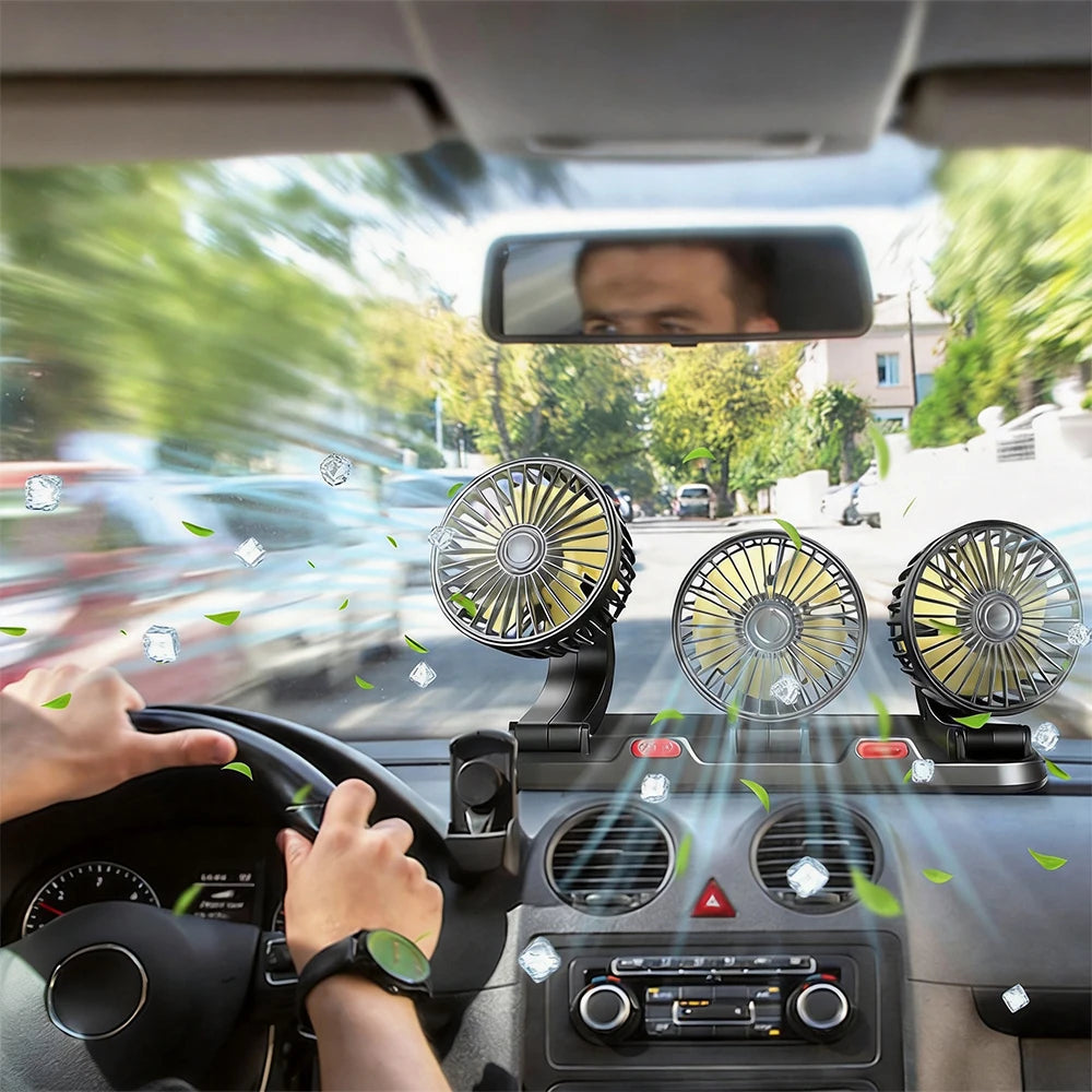 Ventilatore portatile per auto a 3 teste - 2 velocità regolabili, 360° °   Presa Accendisigari Girevole, Potente Flusso d'Aria per Veicoli, Camper e SUV