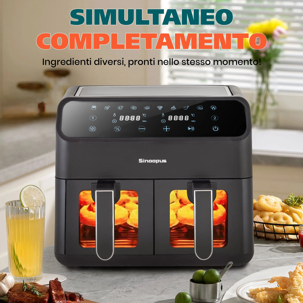 Sinaopus Friggitrice ad aria calda 2000W 9L XXL con doppio scomparto, timer, touchscreen LED, forno elettrico senza olio, formato famiglia