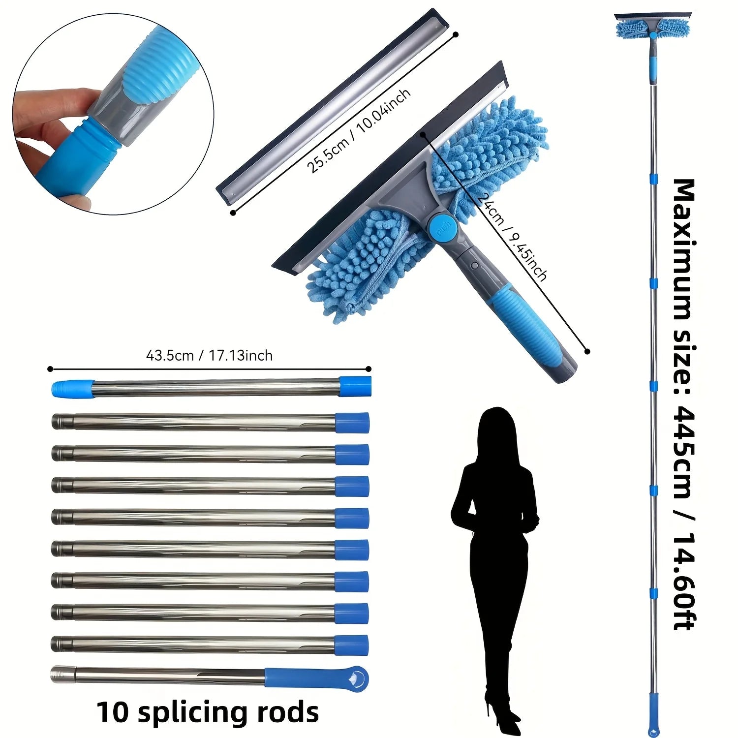 1 pz 2-in-1 pulitore per finestre a molti piani riutilizzabile tergipavimento e asta estensibile per lavaggio del vetro bordo in acciaio inossidabile