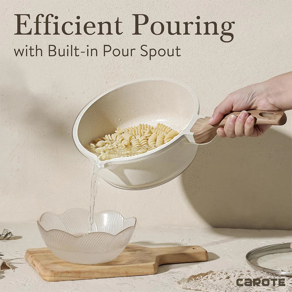 DONNOR 2.5Qt Pentola per Salsa con Coperchio Pentola in Granito Antiaderente per Tutti i Stufa Salsa Pentola per Zuppa Padella per Latte con Beccucci per Versare JT281