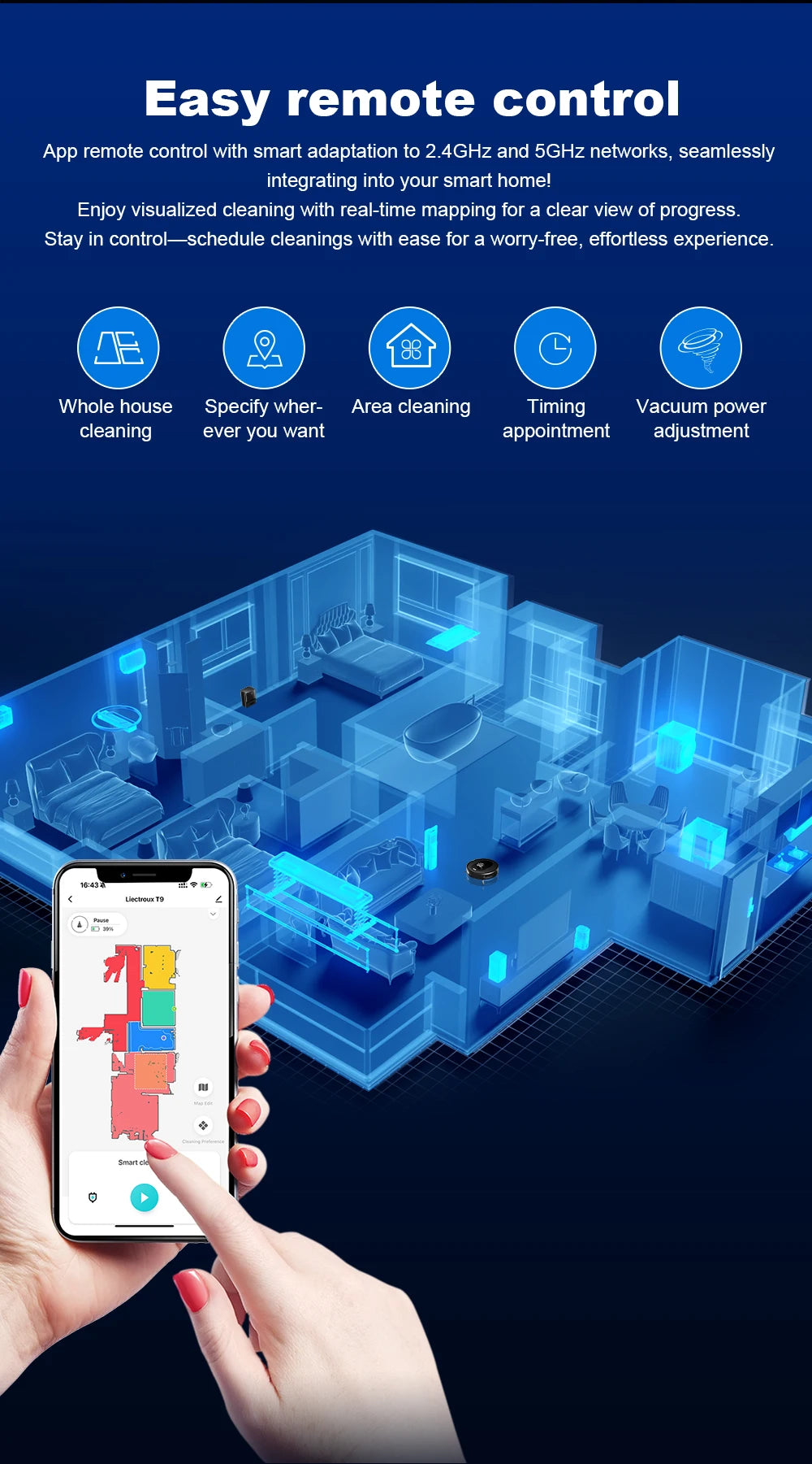 Liectroux T9 Saug- und Wischroboter mit LDS-Navigation, 6500Pa starker Saugkraft, Selbstentleerungsstation, Mehrfachkarten, Teppich-Boost, Anti-Verwicklungsbürsten, 2,4/5GHz WLAN