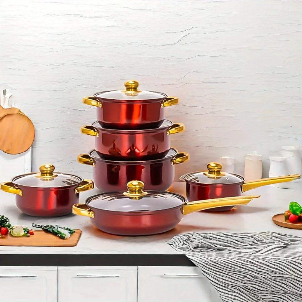 12-teiliges Kochgeschirr-Set aus Edelstahl, mehrfarbige Antihaftpfannen, Töpfe, Bratpfannen, Pfannen mit Deckel, vielseitig, elegant und langlebig