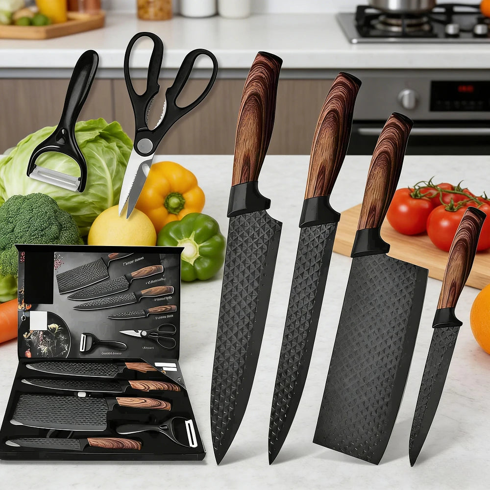 Set di 6 Coltelli da Cucina ZENG con Lame Affilate Antiaderenti, Manico Ergonomico in Legno, Set Completo per Cucinare e Tagliare