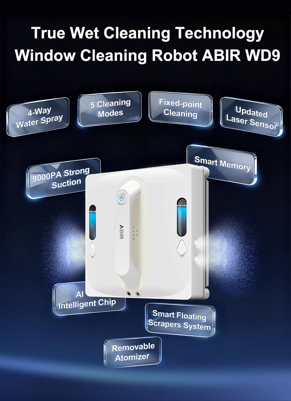 Fensterputzroboter ABIR WD9, 4-Wege-Wassersprühsystem, schwebende Wischtechnologie, Lasersensor, 9000PA Saugkraft, intelligente Speicherung