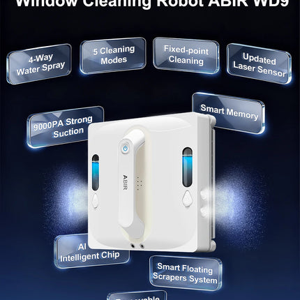 ABIR WD9 Window Cleaning Robot, 4-Way Water Spray, Floating Scraper Technology, Laser Sensor, 9000PA Vacuum Suction, Smart Memory
