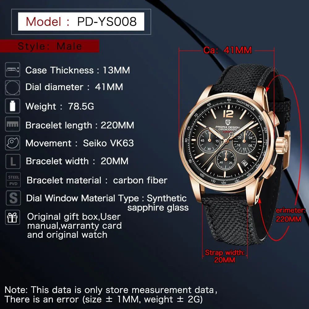 PAGANI DESIGN Orologio da Polso Uomo Quarzo VK63 41mm Vetro Zaffiro 10 Bar