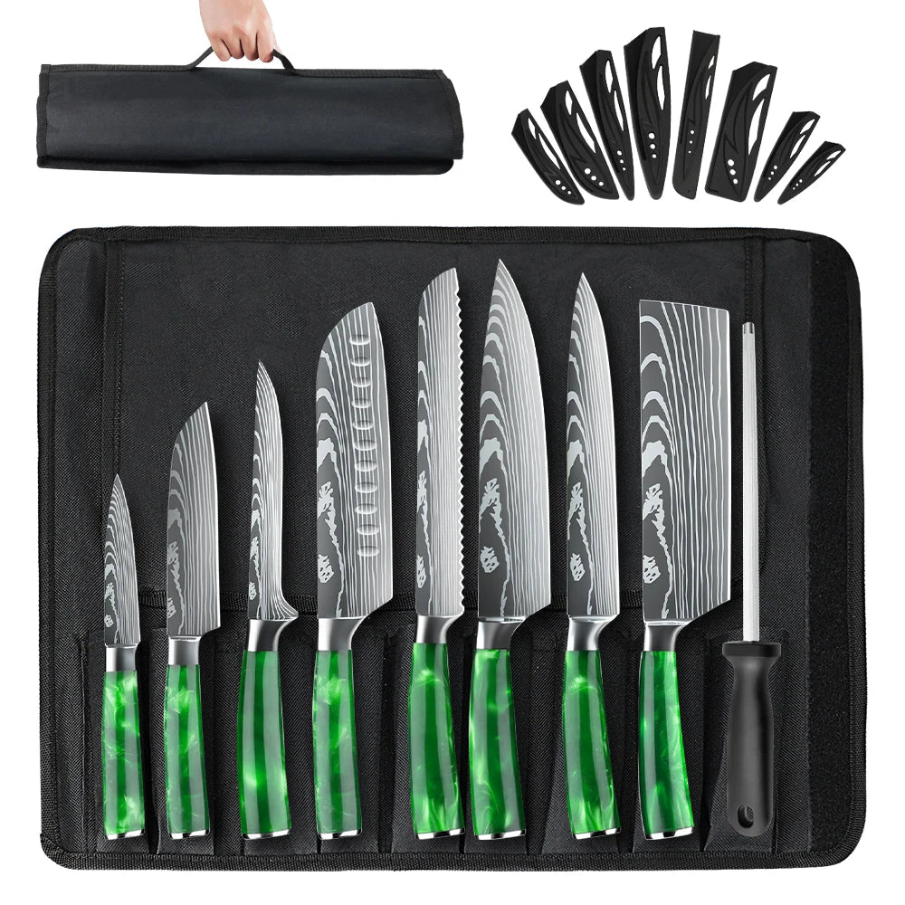 Set mit 8 scharfen und langlebigen ZENG Edelstahlmessern, mit grünem Harzgriff, tragbarer Nylontasche, Küchenutensilien für Zuhause und als Geschenk
