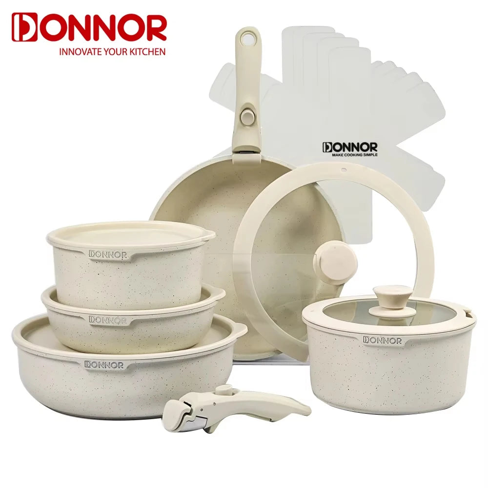 Donnor Set di pentole antiaderenti con manico rimovibile da 17 pezzi, compatibile con induzione in alluminio pressofuso