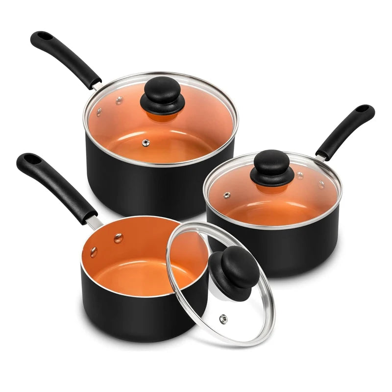 MICHELANGELO 3-teiliges Topf-Set antihaftbeschichteter Milchsaucen-Topf mit Deckel Kupfer-Stieltopf Multifunktionaler kleiner Saucen-Topf Aluminium-Suppentopf