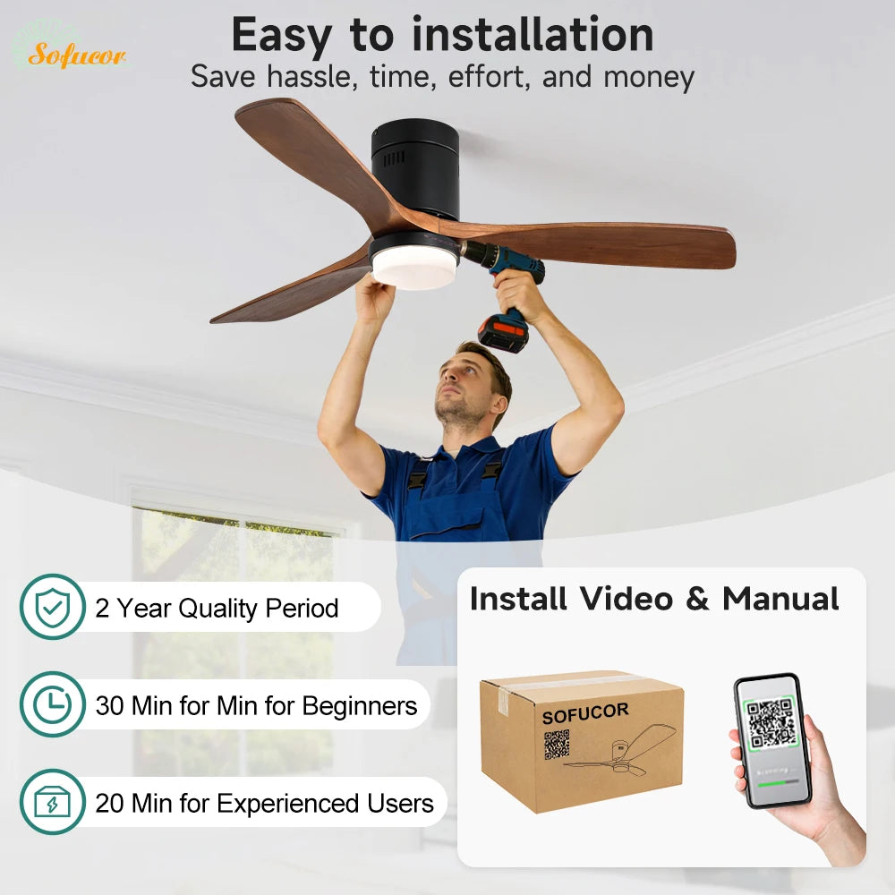 Ventilatore da soffitto Sofucor da 52 pollici in legno nero con luce, telecomando, motore DC silenzioso a 6 velocità per camera da letto e soggiorno