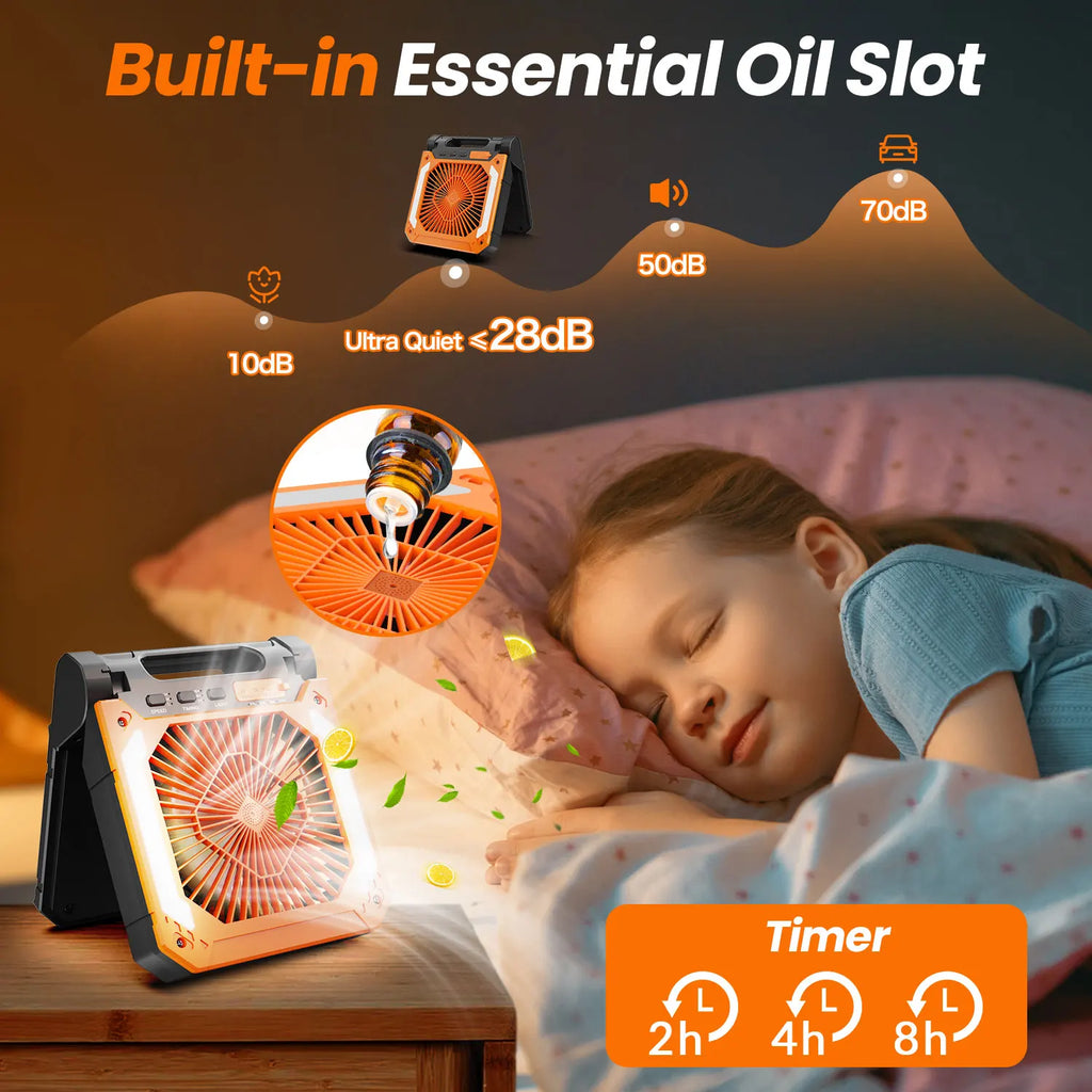 Ventilatore portatile solare ricaricabile da 9000 mAh 2-in-1 con pannello solare, 3 velocità regolabili, ventilatore da tavolo senza fili con lanterna LED integrata e funzione timer, silenzioso, ricarica rapida USB-C, ventil
