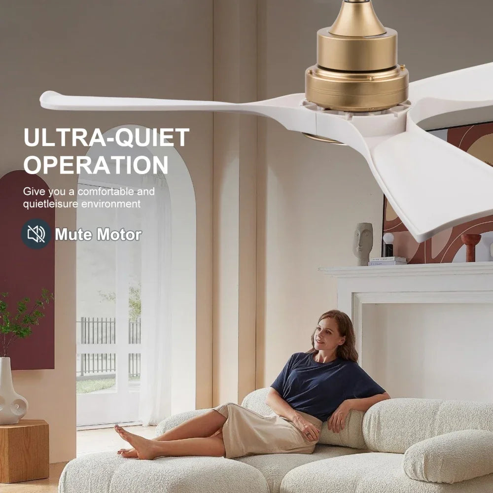 Ventilatore da soffitto bianco-oro da 52 pollici con luce e telecomando, funzione di memoria, motore DC silenzioso e reversibile, 3 pale in ABS, moderno ventilatore da soffitto per interni ed esterni con luce per camera da le