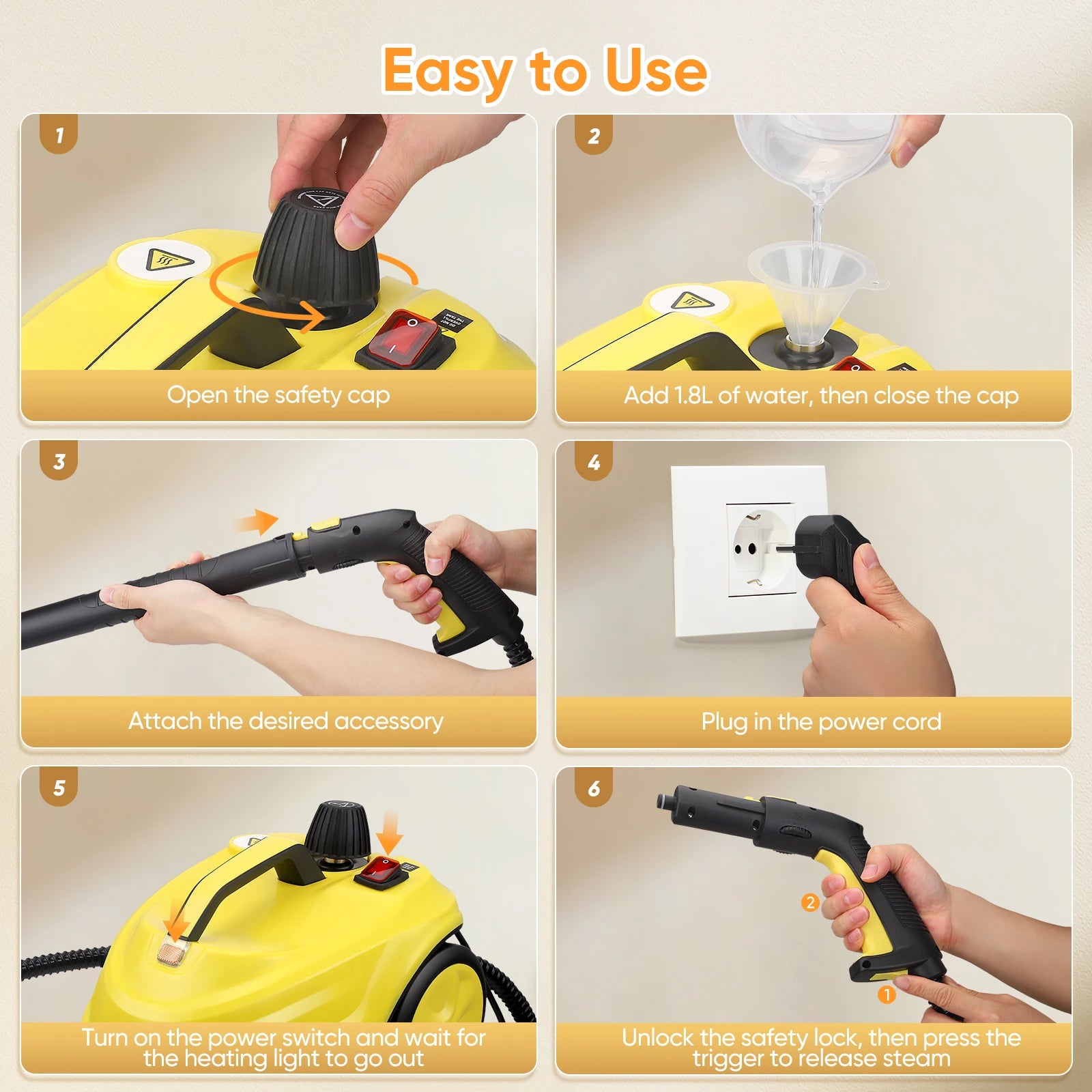 2000W Handdampfreiniger für Frauen mit Wischfunktion, 2L Großtank, bis zu 320°C, 3-8 Minuten, 3m Netzkabel, Bodenreinigung, 110V-240V