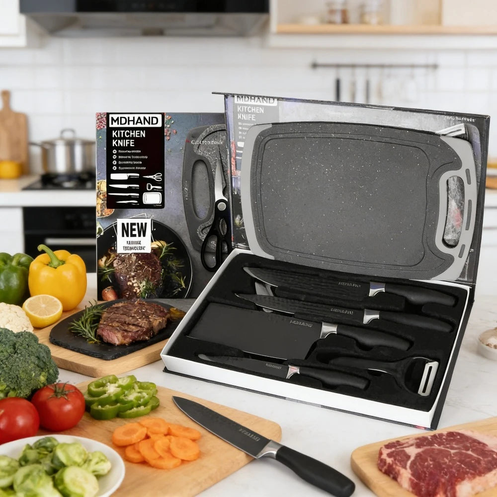 ZENG 7-teiliges professionelles Küchenmesserset mit Sternenmuster, Edelstahl, ergonomischer Griff, mit Schneidebrett, Schere und Geschenkverpackung