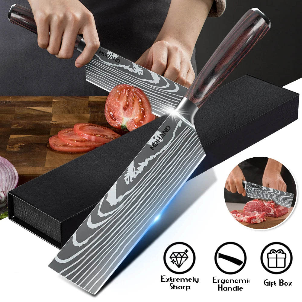 ZENG Professionelles 7-Zoll-Kochmesser – ultrascharf und langlebig, Edelstahl mit Holzgriff und lasergravierter Damast-Optik, mit Geschenkbox