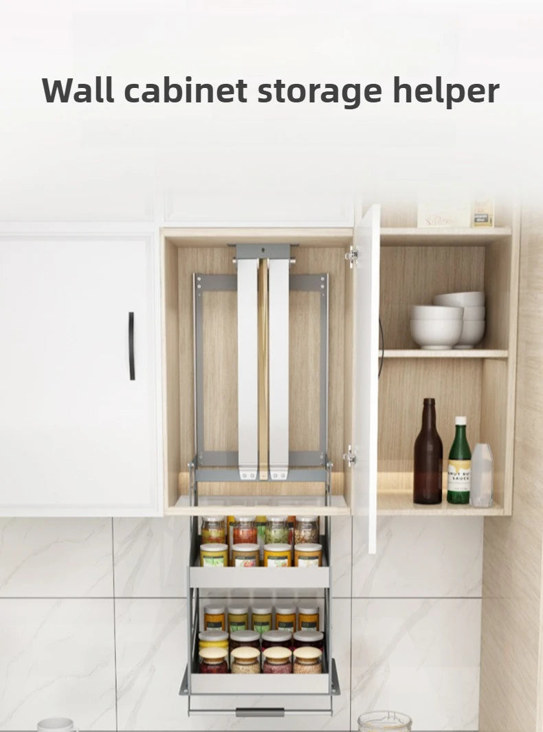 Scaffale Sollevabile Salvaspazio, Armadietto a Muro Estraibile, Scaffale Organizzatore, Scaffali Porta Spezie da Cucina, Mobili Multifunzionali per Cucina