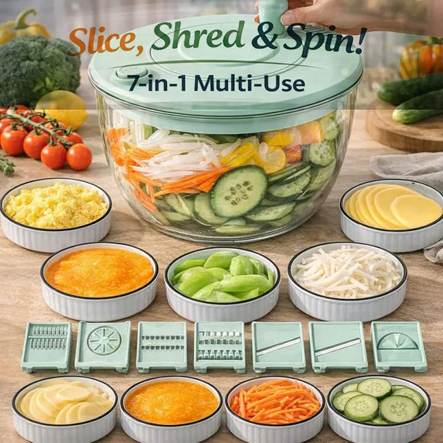 Set centrifuga per insalata multifunzione da 7 pezzi, lavabinsalate, tritatutto, affettatrice, grattugia, ciotola per insalata con coperchio, utensili da cucina