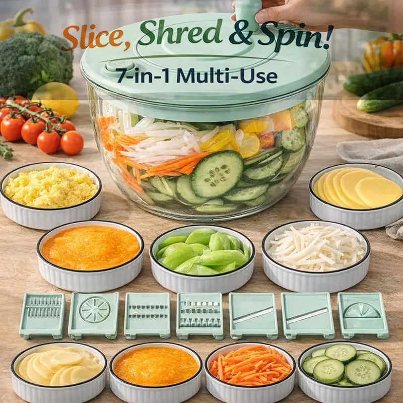 7-teiliges multifunktionales Salatschleuder-Set, Gemüsewascher, Gemüsehacker, Gemüseschneider, Reibe, Salatschüssel mit Deckel, Küchenhelfer