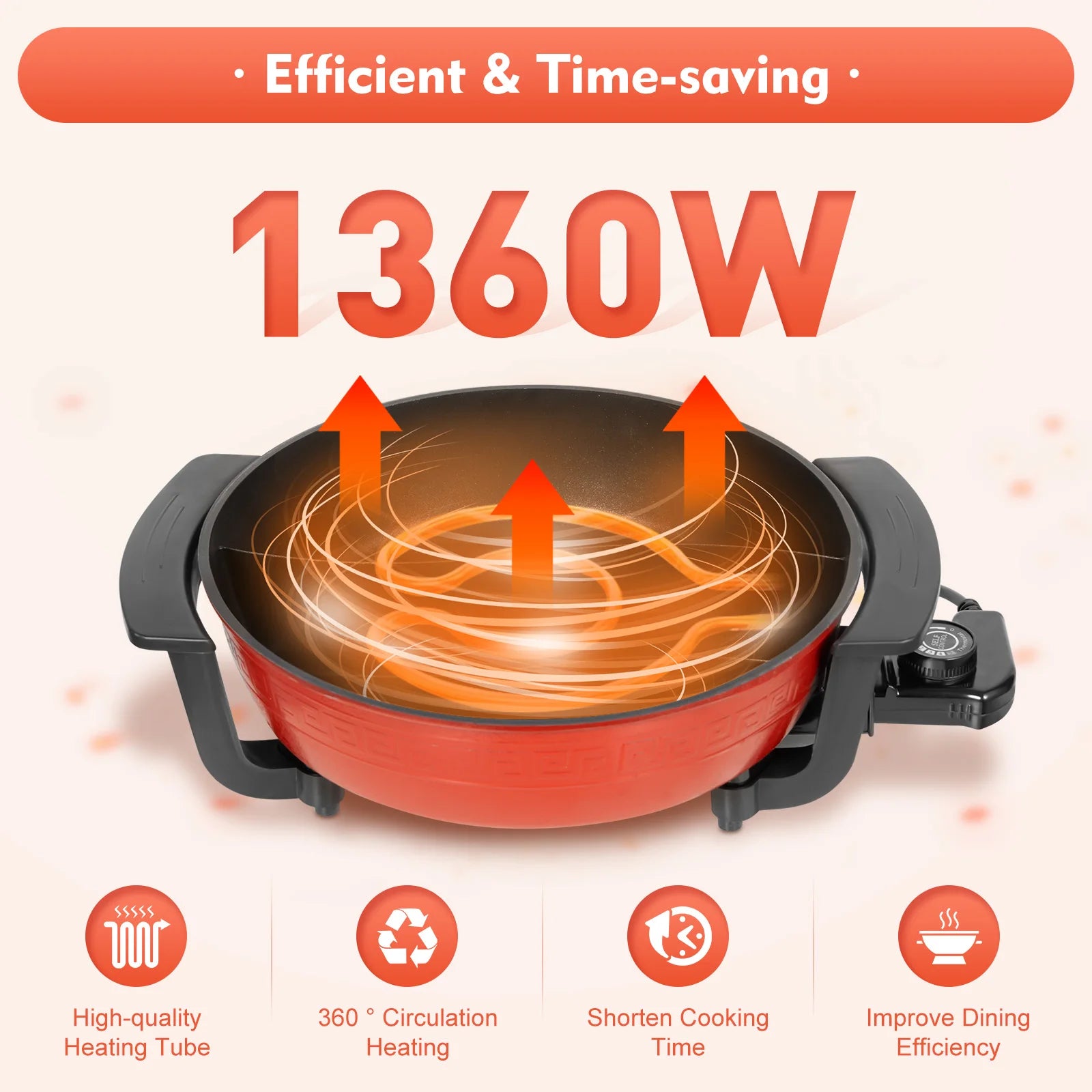 1360 W elektrische Kochplatte mit 5 Temperatureinstellungen, 6 l Fassungsvermögen, Antihaftbeschichtung, multifunktionale elektrische Pfanne für geselliges Beisammensein