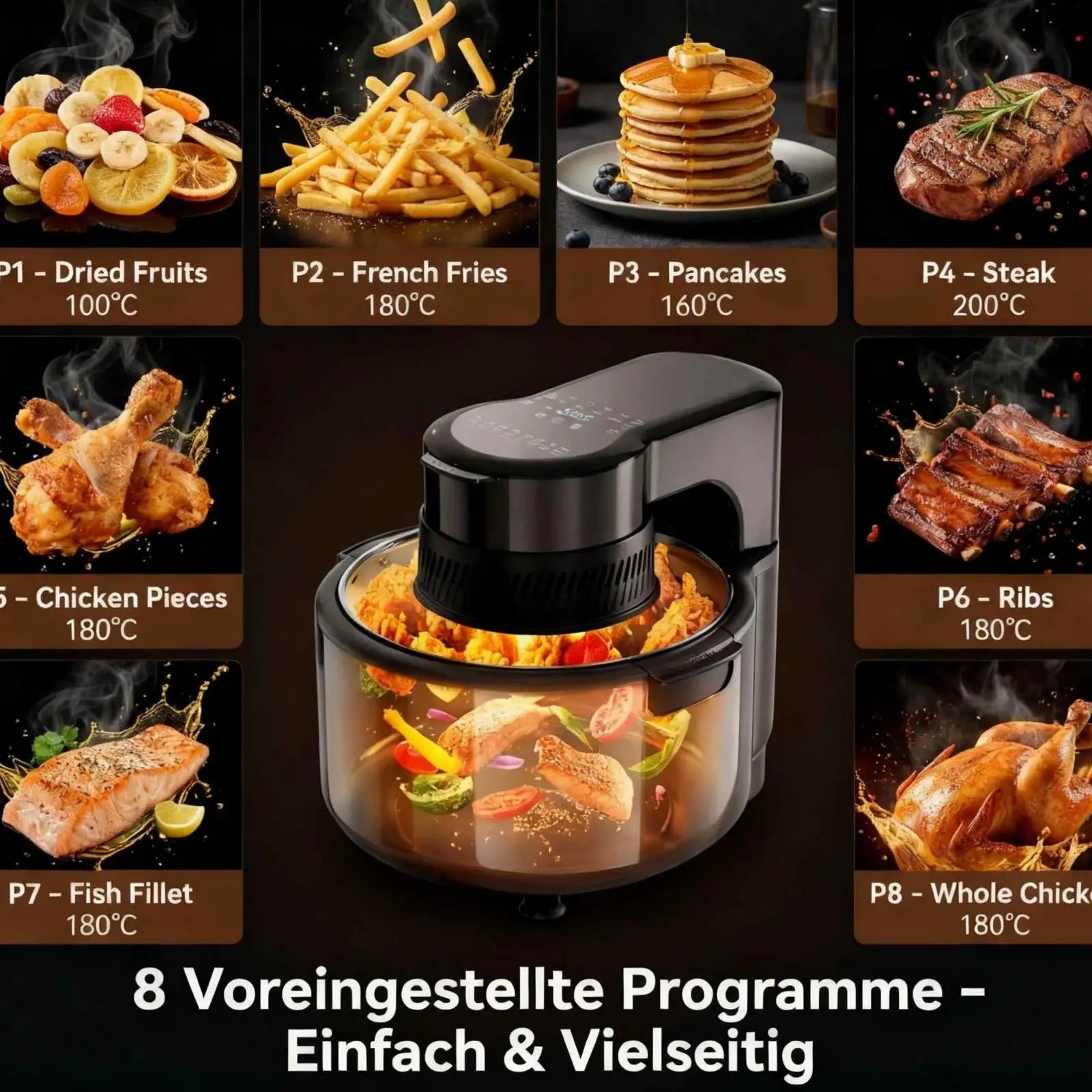5-Liter-Heißluftfritteuse mit Sichtfenster und LED, 1200 W, 8 Programme, 80-200 °C, Multifunktion zum Frittieren, Grillen und Backen.