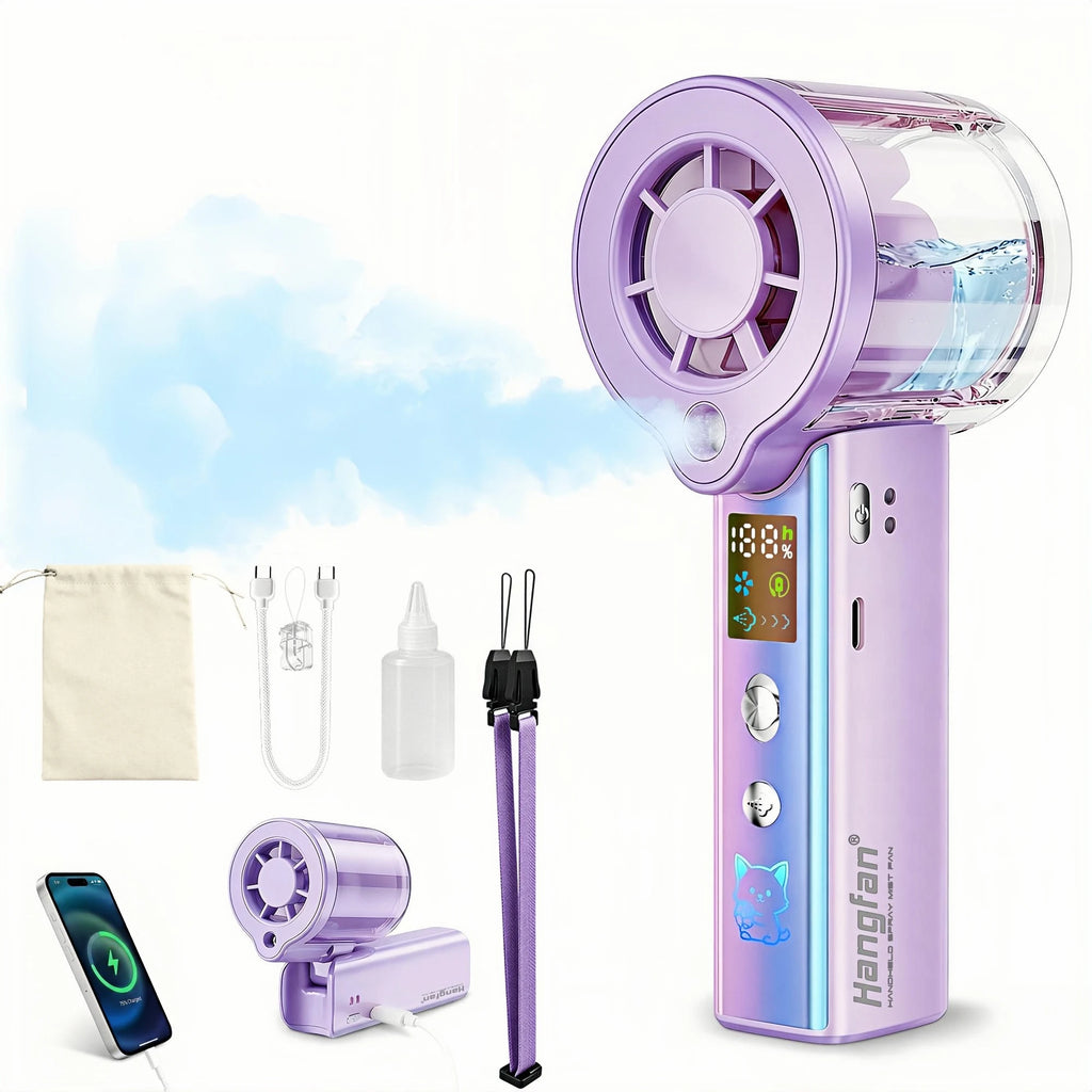 Ventilatore portatile a spruzzo 4 in 1, ventilatore ricaricabile a batteria USB ultra-grande, regolabile a 100 corse, mini ventilatore, ventilatore personale pieghevole, schermo LED, per trucco / concerti (lila)