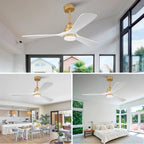 Ventilatore da soffitto da 52 pollici con luce, telecomando, funzione dimmer, pale in legno massello, funzione di accumulo di energia in caso di interruzione di corrente, motore DC silenzioso, moderno ventilatore da soffitto