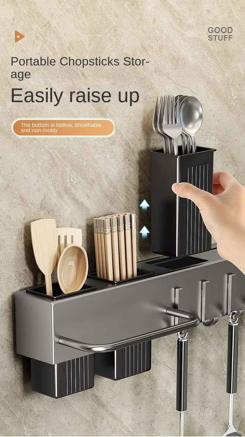 Mensola da cucina senza attrezzi, accessori da cucina, tubo per bacchette multifunzionale a parete, deposito per coltelli e attrezzi