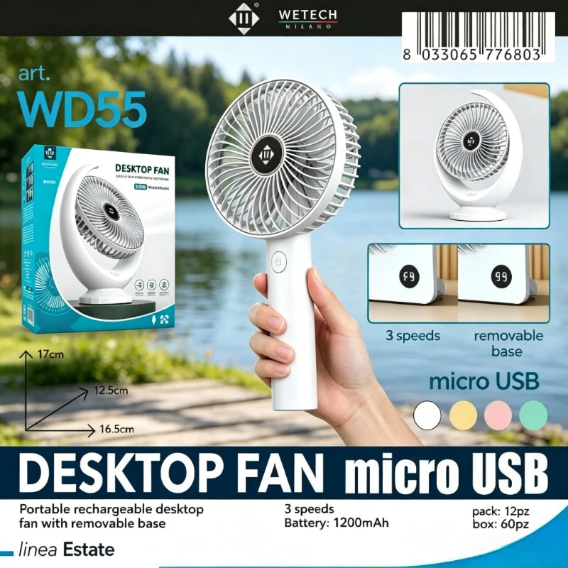 Ventilatore USB Portatile da Scrivania WETECH, Ventilatore Ricaricabile a 5 Velocità Regolabili, Ventilatore Personale Silenzioso per Camera da Letto e Viaggi