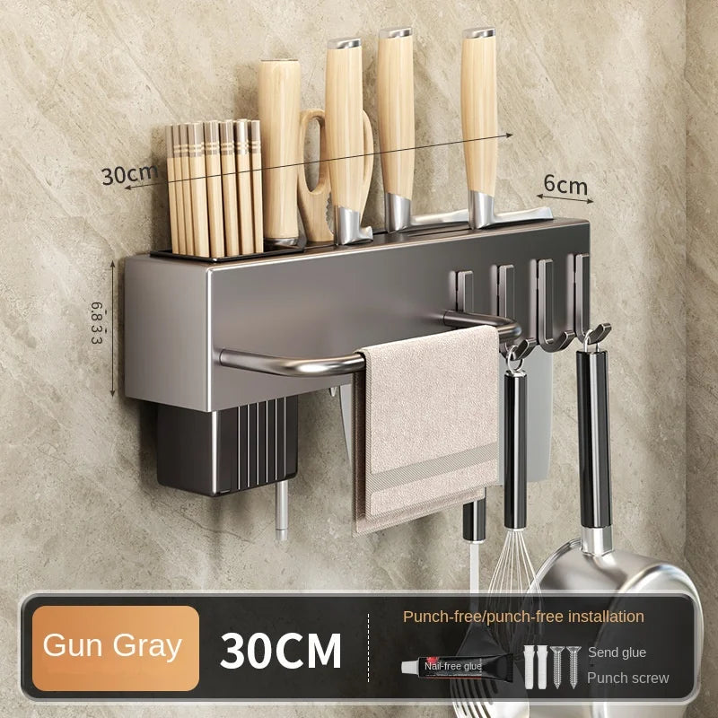 Mensola da cucina senza attrezzi, accessori da cucina, tubo per bacchette multifunzionale a parete, deposito per coltelli e attrezzi
