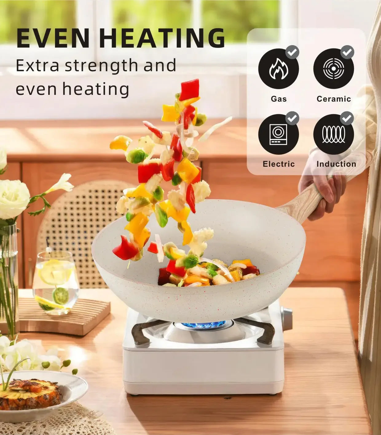 Set di Pentole in Alluminio da 21 Pezzi, Antiaderente, Bianco Granito, per Cucina a Induzione, con Coperchio, Doppio Manico, Utensili in Silicone, Senza PFOA