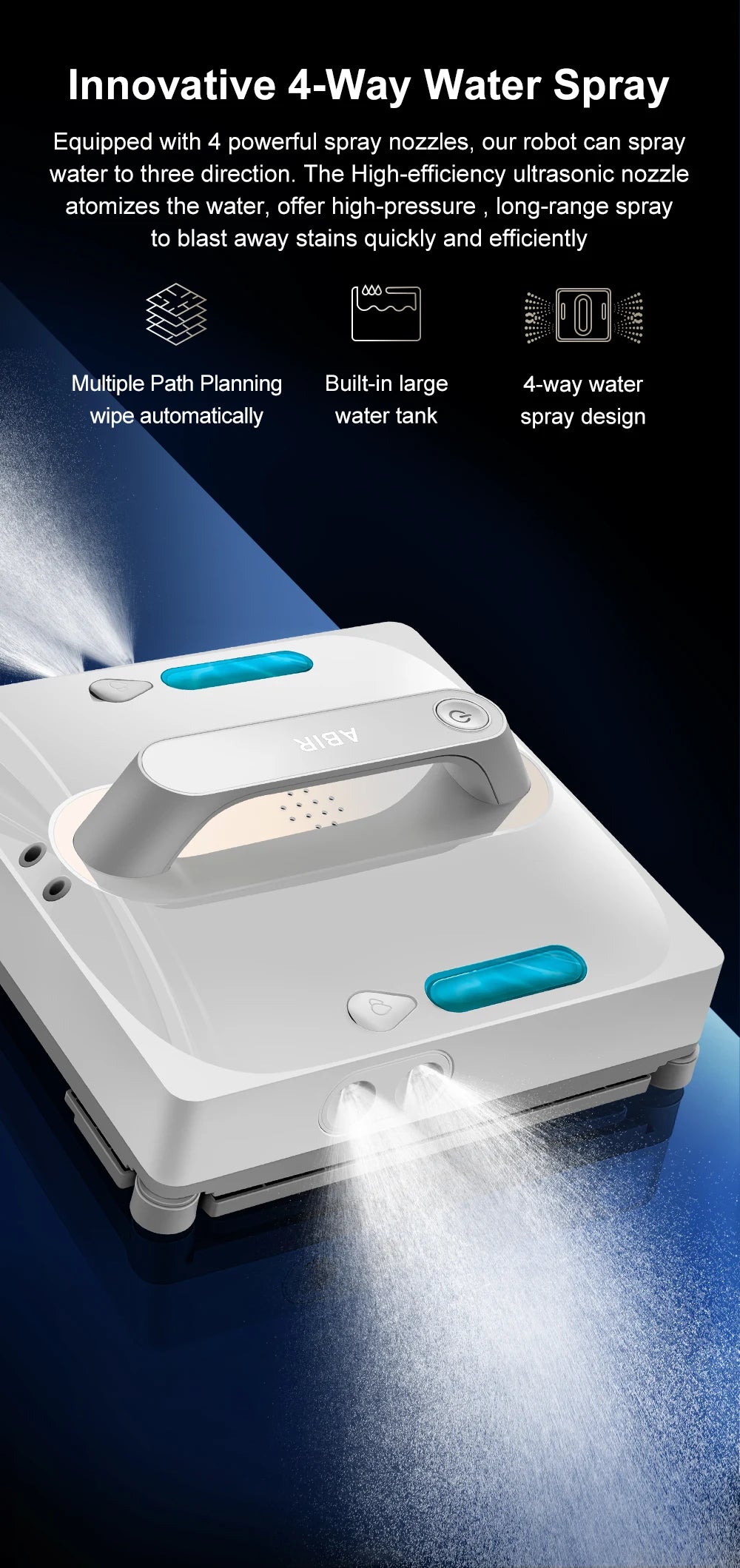 ABIR WD9 Fensterputzroboter, 4-Wege-Wassersprühfunktion, schwimmende Schaber-Technologie, Lasersensor, 9000PA Saugkraft, intelligente Speicherfunktion