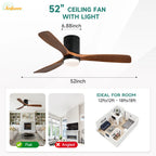 Ventilatore da soffitto Sofucor da 52 pollici in legno nero con luce, telecomando, motore DC silenzioso a 6 velocità per camera da letto e soggiorno
