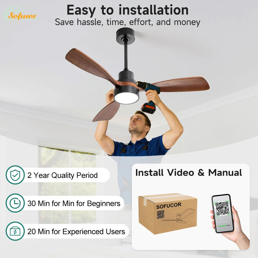 Ventilatore da soffitto in legno Sofucor da 48 pollici con luce e telecomando, motore DC silenzioso, 6 velocità, alta velocità del vento, per camera da letto e soggiorno