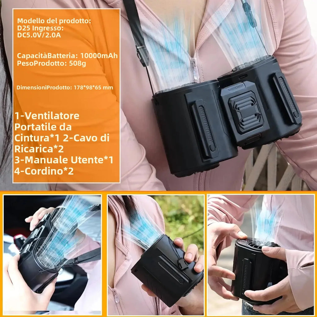 Ventilatore 2-in-1 Staccabile con Clip da Cintura e Cordino da Collo, Potente Ventilatore Ricaricabile da 10000mAh per Lavoro all'Aperto, Campeggio, Pesca