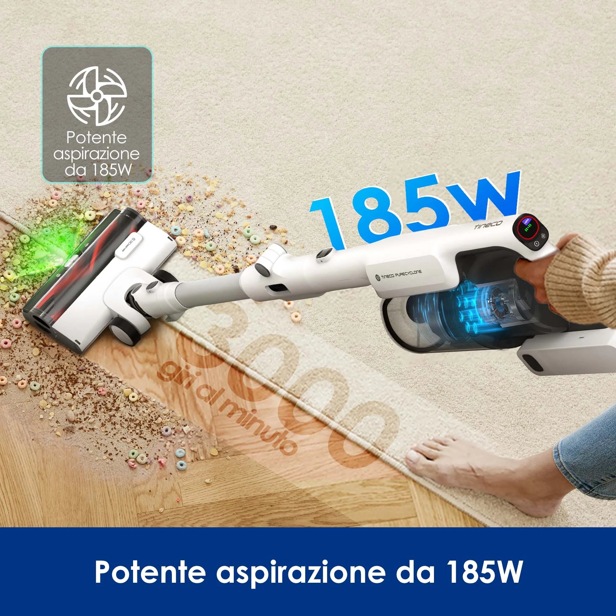 Tineco PURE ONE A50S Kabelloser Staubsauger, 185 W Saugleistung, 70 Minuten Laufzeit, 1 L Staubbehälter, 3DSense Bürste, Bewältigt problemlos groben Schmutz