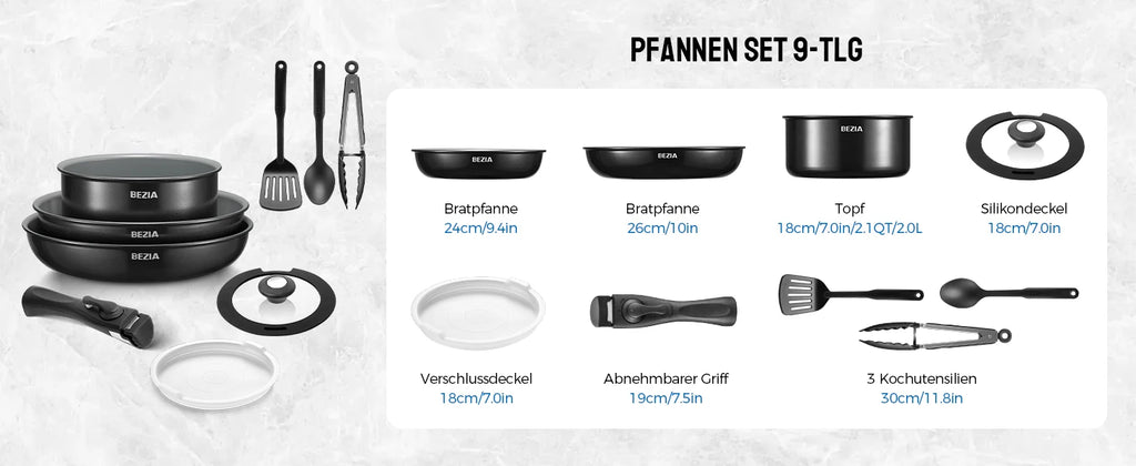 Pfannenset mit abnehmbarem Griff, antihaftbeschichtete Keramikpfannen, Induktionspfannenset mit Kochutensilien, für alle Herdarten