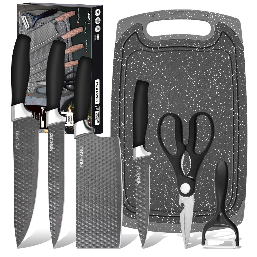 ZENG 7-teiliges professionelles Küchenmesserset mit Sternenmuster, Edelstahl, ergonomischer Griff, mit Schneidebrett, Schere und Geschenkverpackung