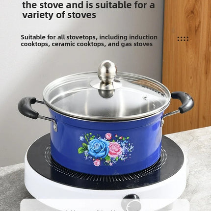 6-Piece Cookware Set with Glass Lids, Classic Floral Pattern, Non-Stick Pot Set for Soups and Stews, Compatible with Induction and Gas Stoves