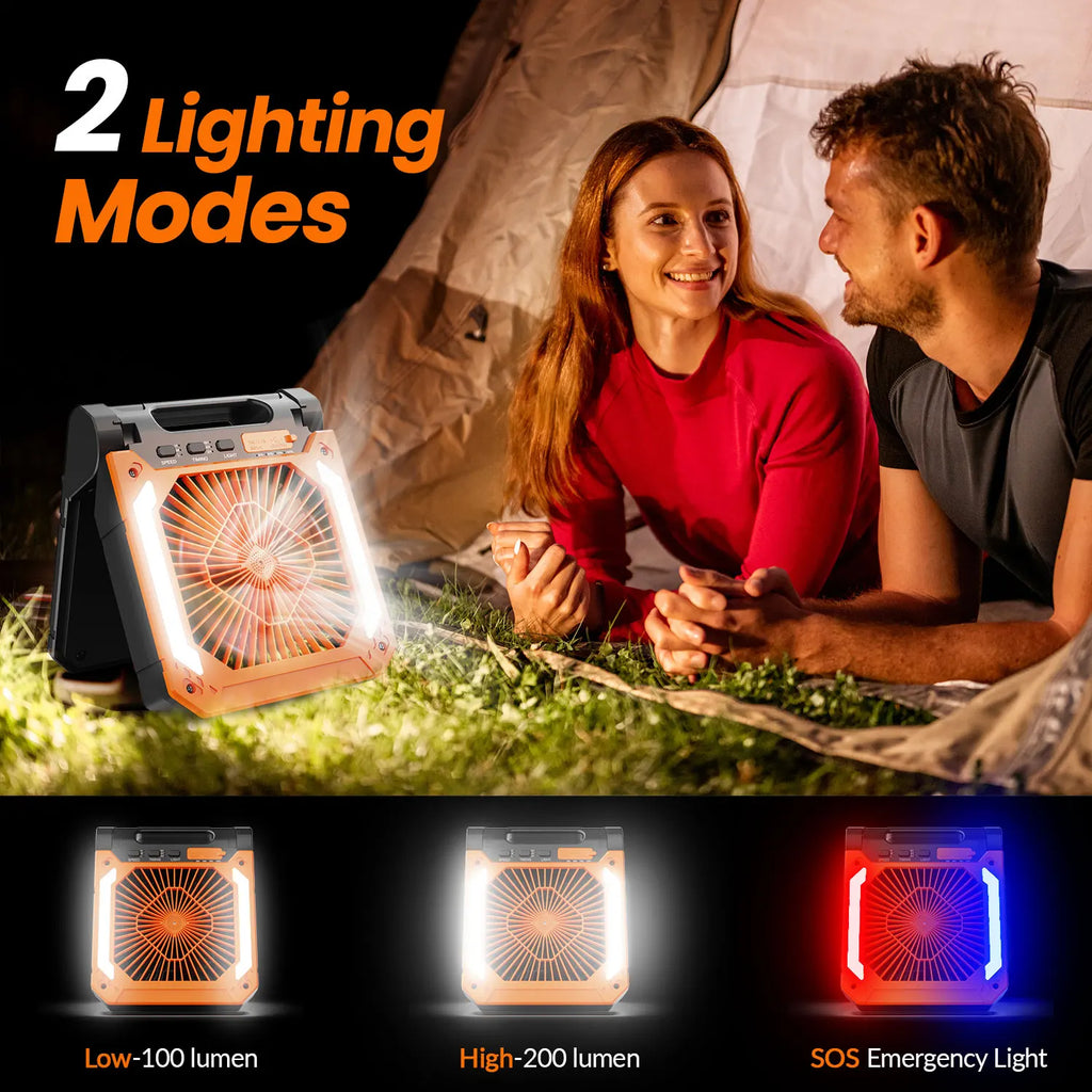 Ventilatore portatile solare ricaricabile da 9000 mAh 2-in-1 con pannello solare, 3 velocità regolabili, ventilatore da tavolo senza fili con lanterna LED integrata e funzione timer, silenzioso, ricarica rapida USB-C, ventil