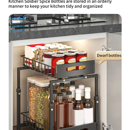 Pull-Out Cabinet Organizer, Carbon Steel Under-Sink Shelf, Sliding Drawer for Spices and Jars