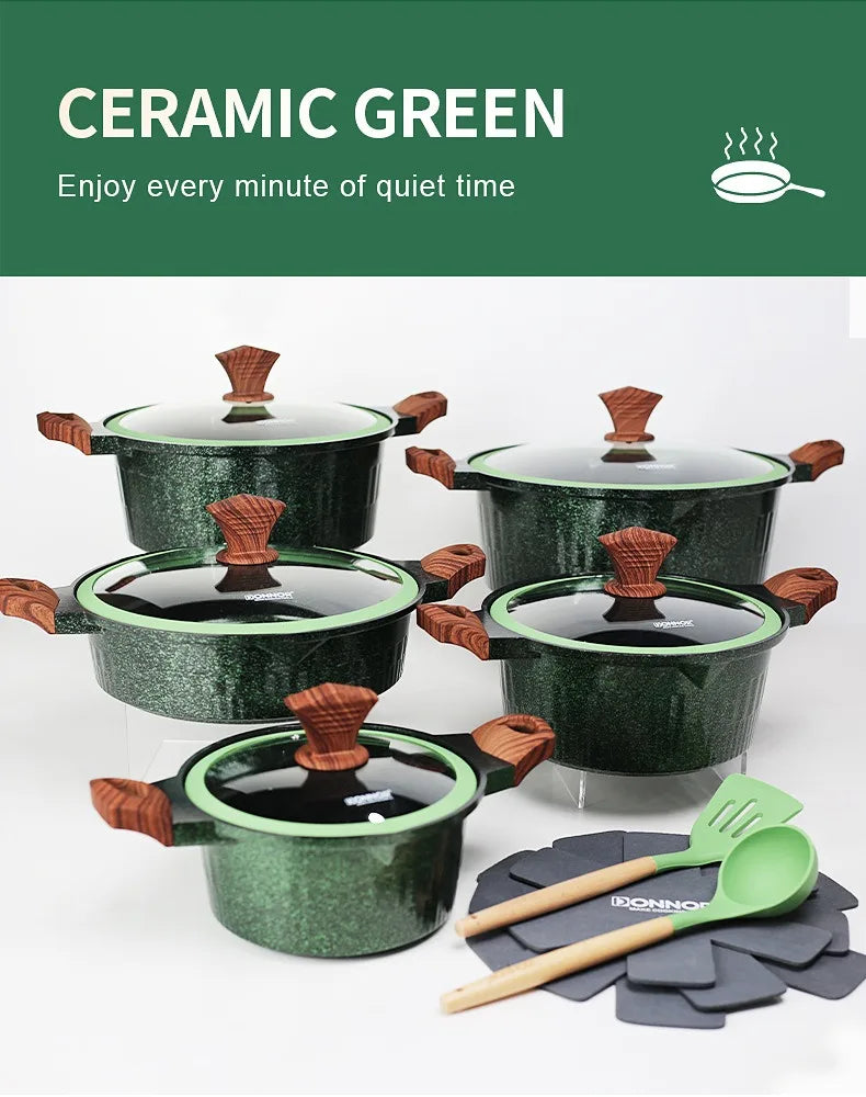 DONNOR Set di Pentole 6/15 Pezzi Pentola per Zuppa Antiaderente Pentola per Stufato con Coperchio in Vetro Pentole per Cappotto Sano in Granito per Stufe da Cucina Universali