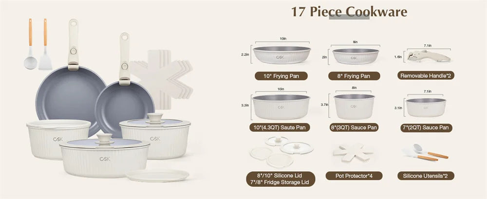 KOCH SYSTEME CS Set di pentole antiaderenti 17 pezzi Set di pentole e padelle con manico staccabile Pentole antiaderenti a induzione Pentola per salsa da cucina