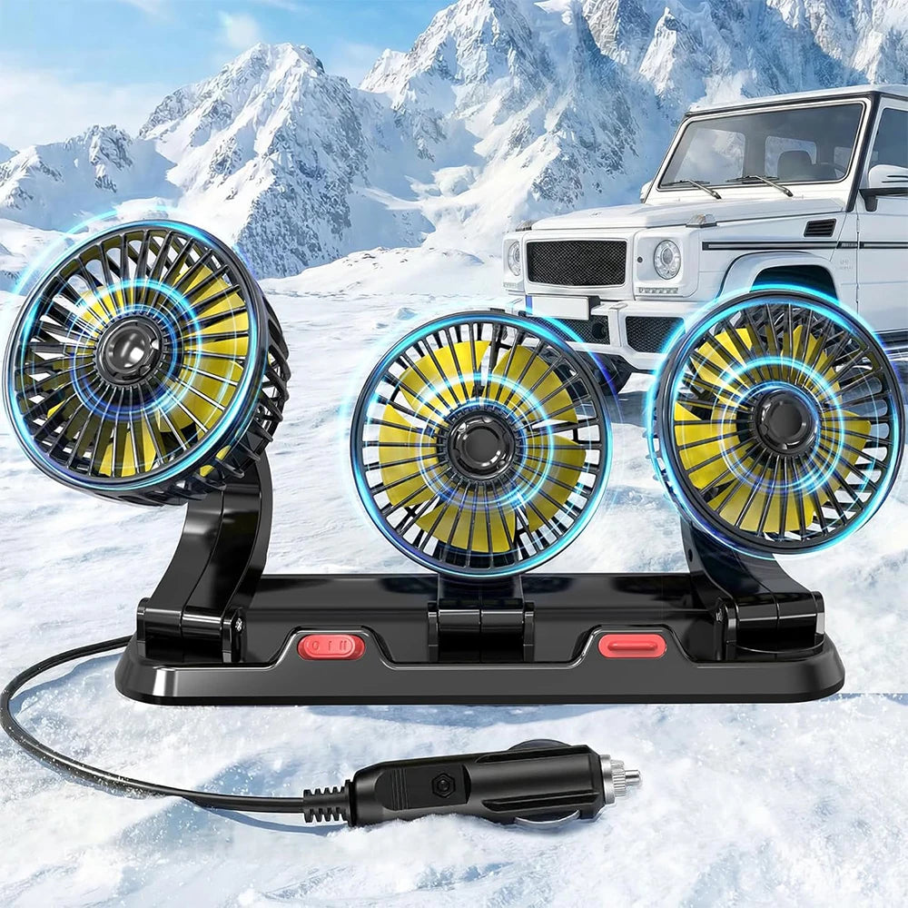 Ventilatore per Auto a 3 Teste con Rotazione a 360° °   Ventilatore Rotante a Basso Rumore con 2 Livelli di Velocità – Presa Accendisigari 12V – Flusso d'Aria Rapido e Potente per Berlina, SUV, Camion, Furgone – Incl