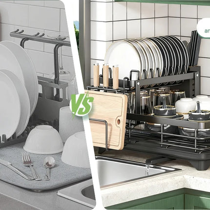 Two-tier dish drainer for kitchen counter, metal, with knife holder, plate holder and drip tray, for glasses.