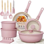 Set di Pentole di Lusso in Alluminio con Rivestimento Antiaderente in Granito, Elegante Set di Pentole in Ceramica Rosa