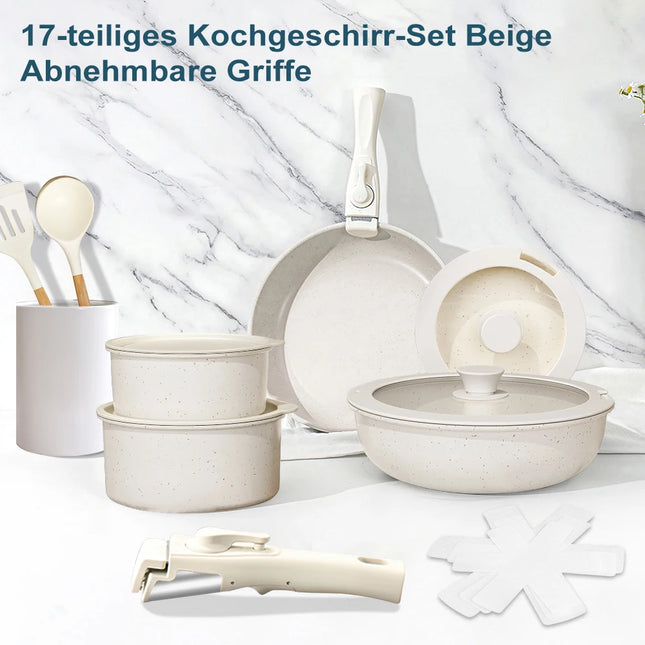 MDHAND 17 pezzi Set di pentole e padelle beige Set di pentole antiaderenti Manico rimovibile con padelle e pentole Set di pentole da cucina