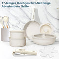 MDHAND 17 pezzi Set di pentole e padelle beige Set di pentole antiaderenti Manico rimovibile con padelle e padelle Set di pentole da cucina